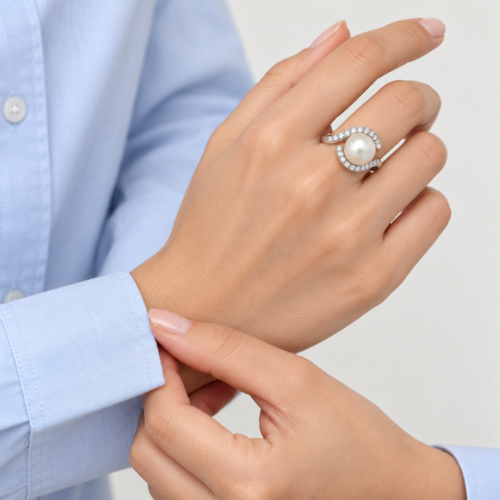 Anillo ajustable plateado de esfera blanca con bandas curvas — gesto cotidiano; imagen ilustrativa generada con IA, escala no verificada.