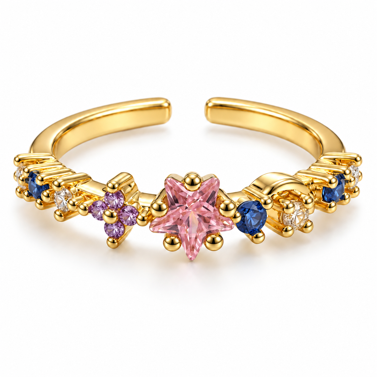 Anillo dorado de estrella rosa y detalles azules