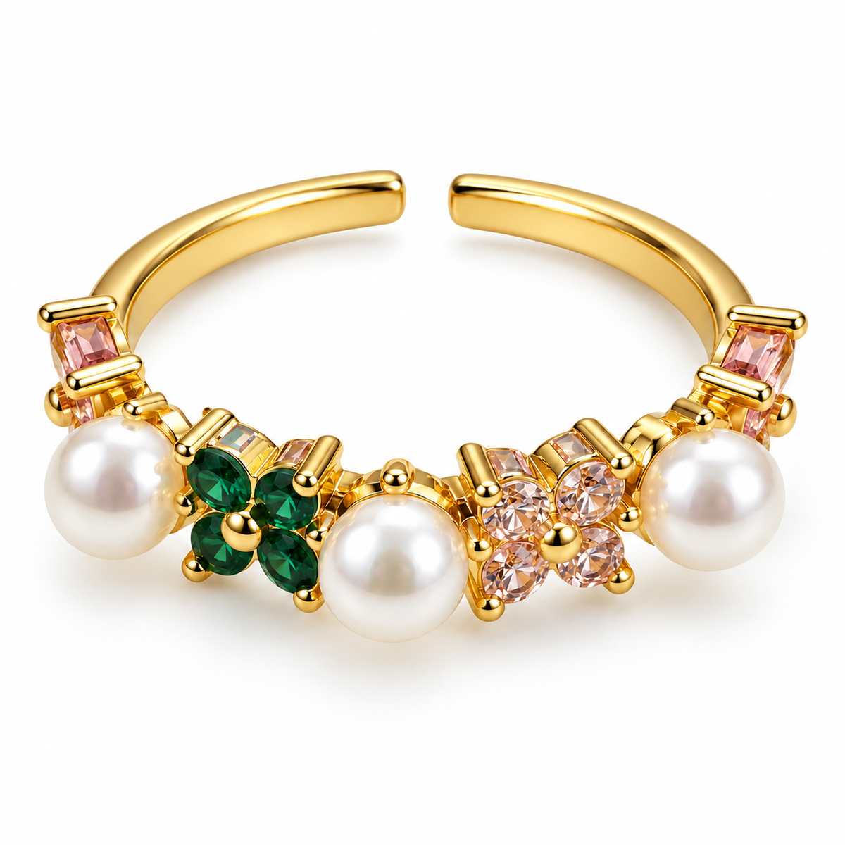 Anillo dorado de esferas blancas y flores de colores