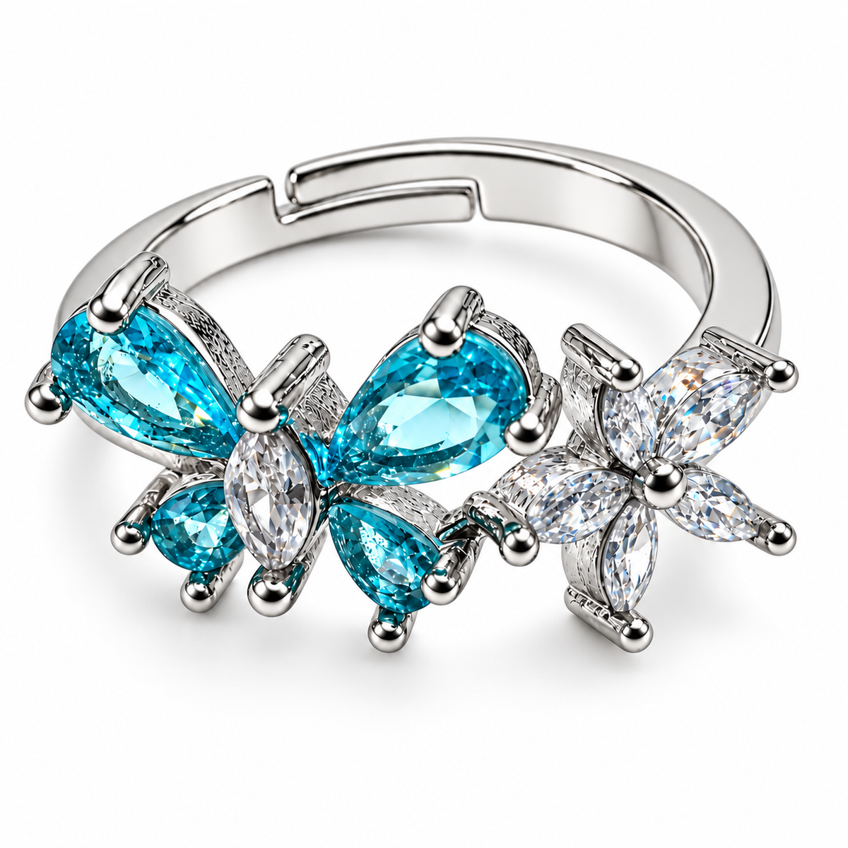 Anillo plateado de mariposa azul y flor