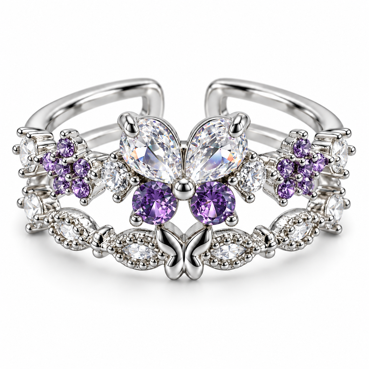 Anillo plateado de mariposa violeta y flores