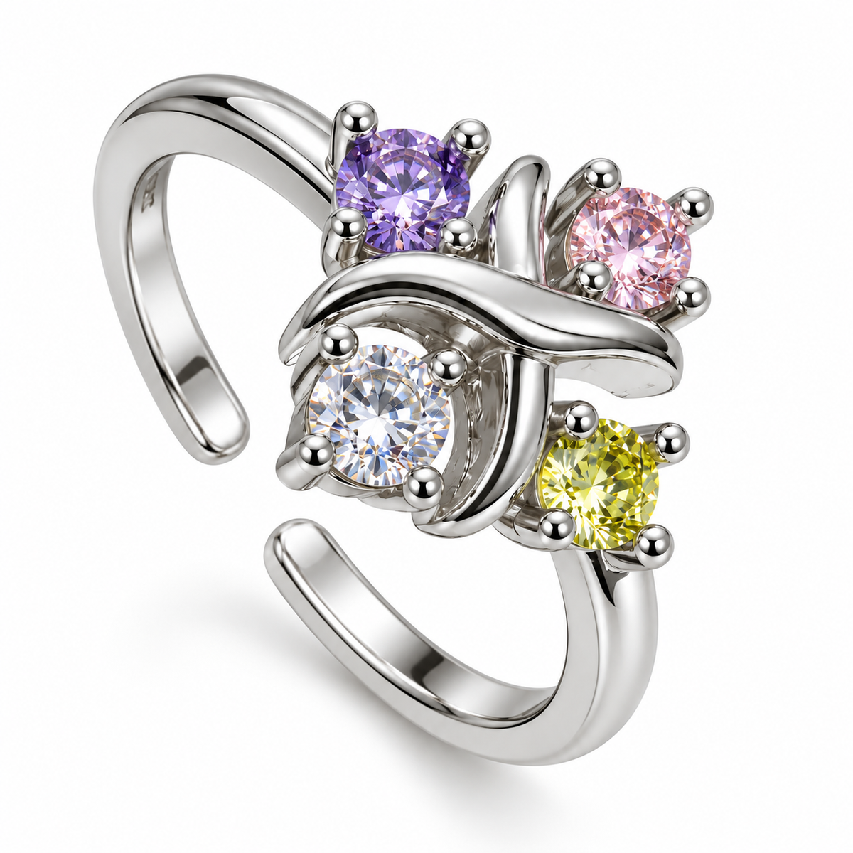 Anillo plateado de detalles de colores y banda curva