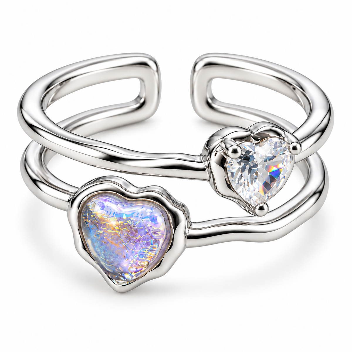 Anillo plateado de dos corazones