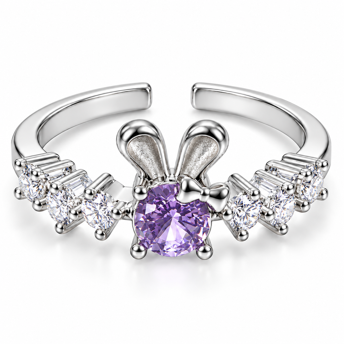 Anillo plateado de conejo con centro violeta
