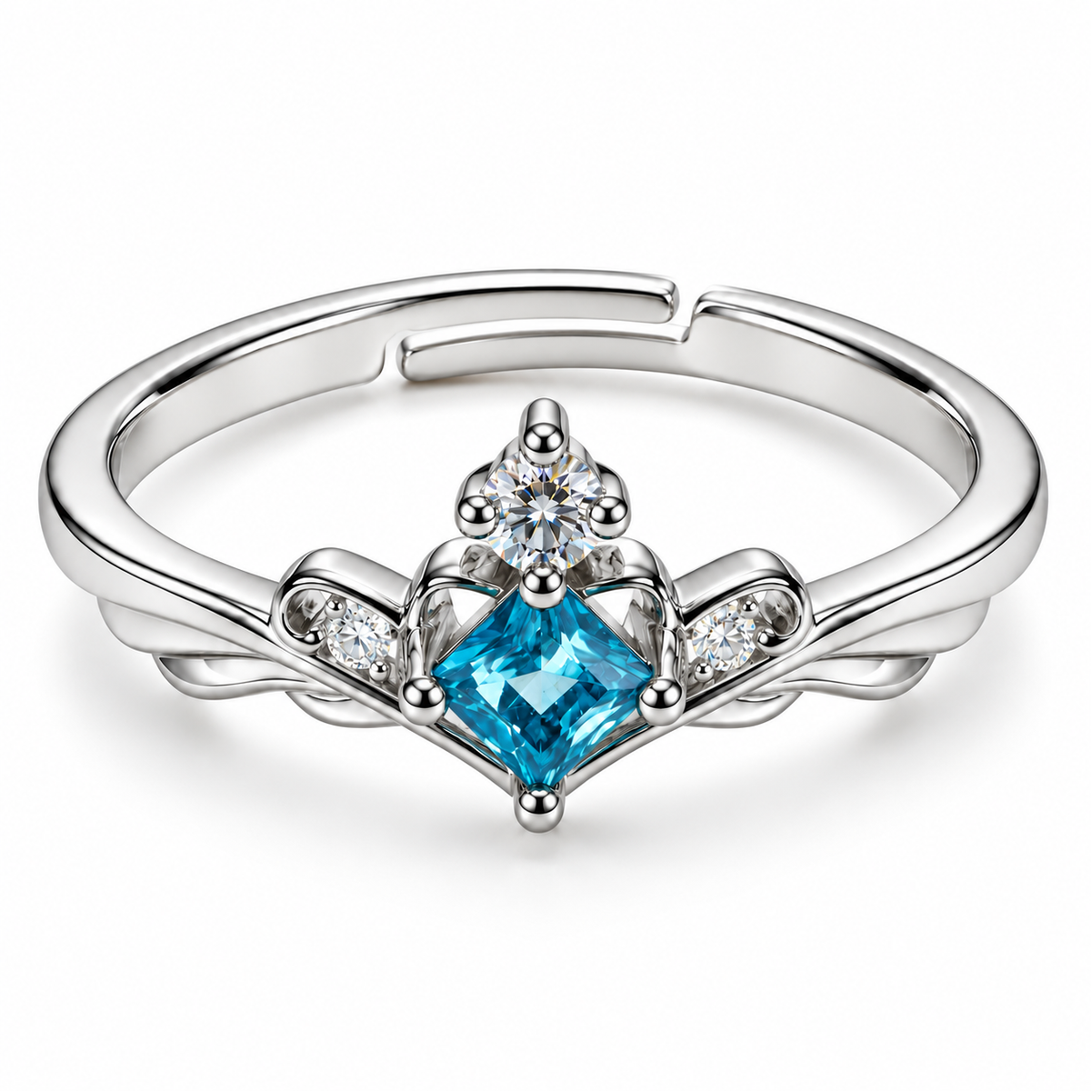 Anillo plateado de rombo azul