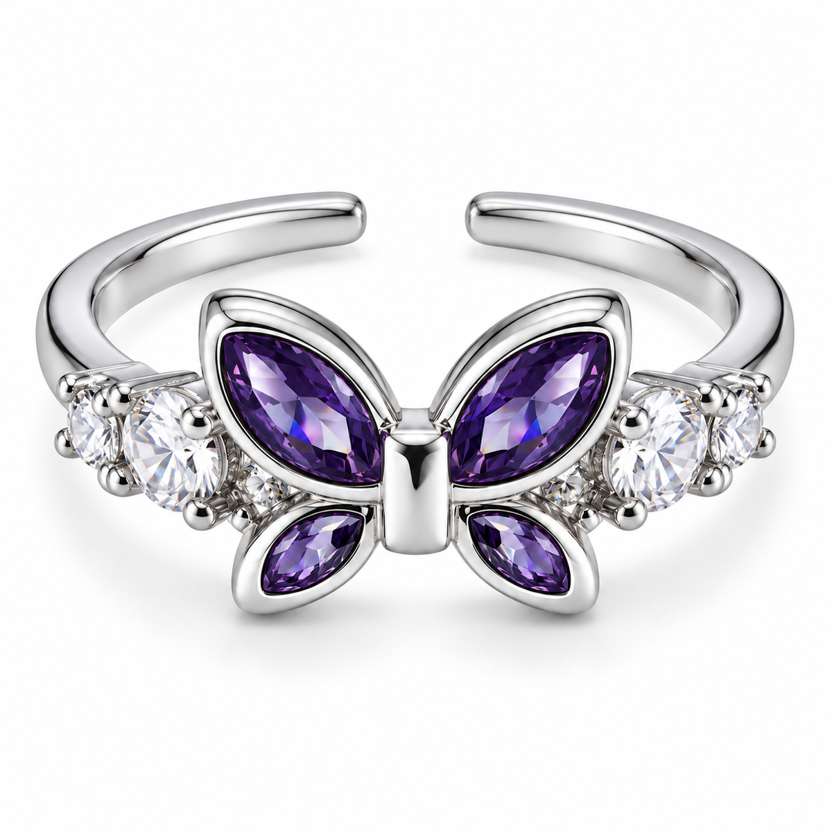 Anillo plateado de mariposa violeta
