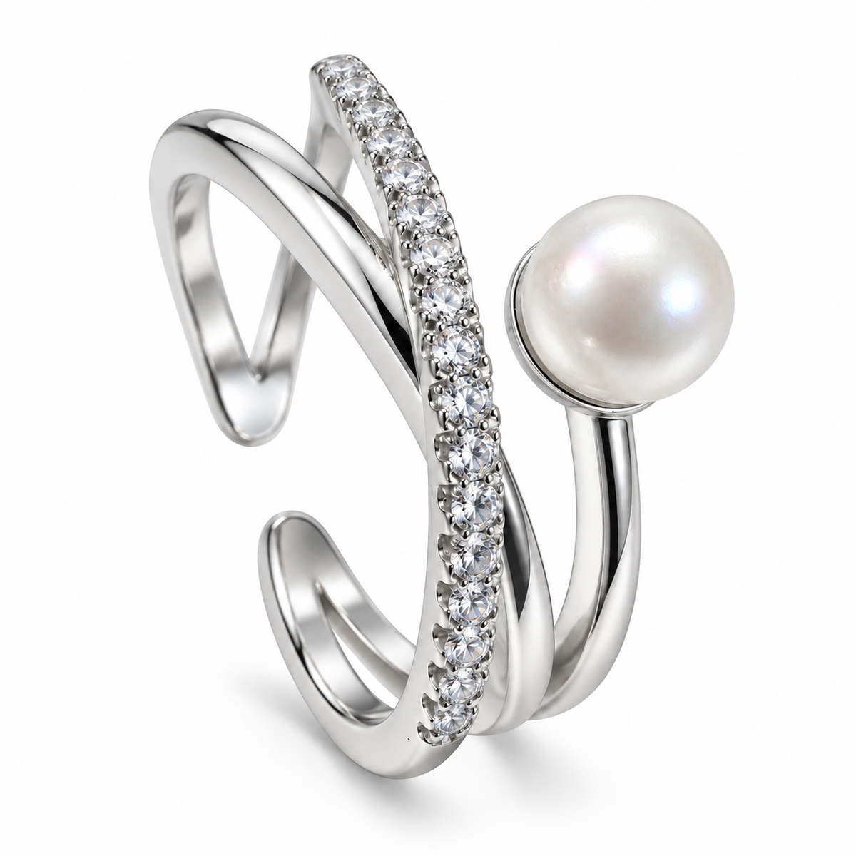 Anillo plateado de esfera blanca y banda diagonal