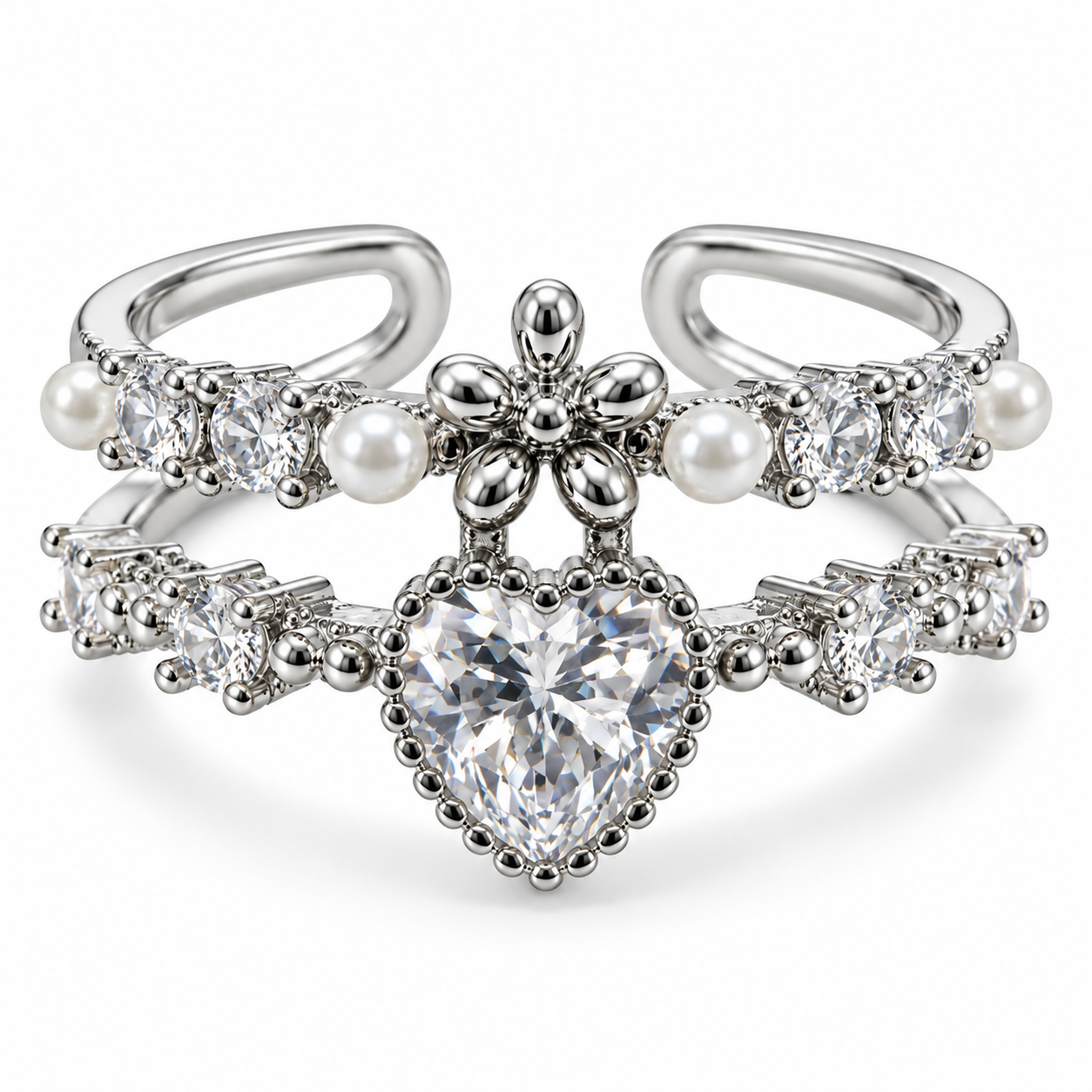Anillo ajustable plateado de corazón y adornos blancos | Cotigo – cotigo