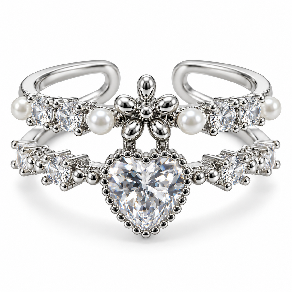 Anillo plateado de corazón y adornos blancos