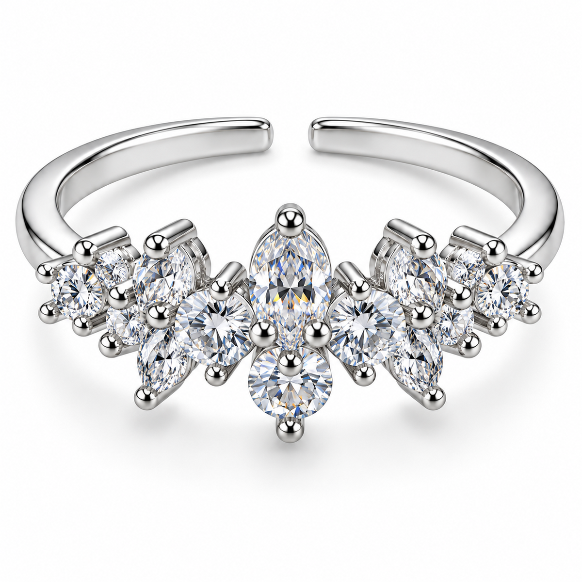 Anillo plateado de hojas transparentes simétricas