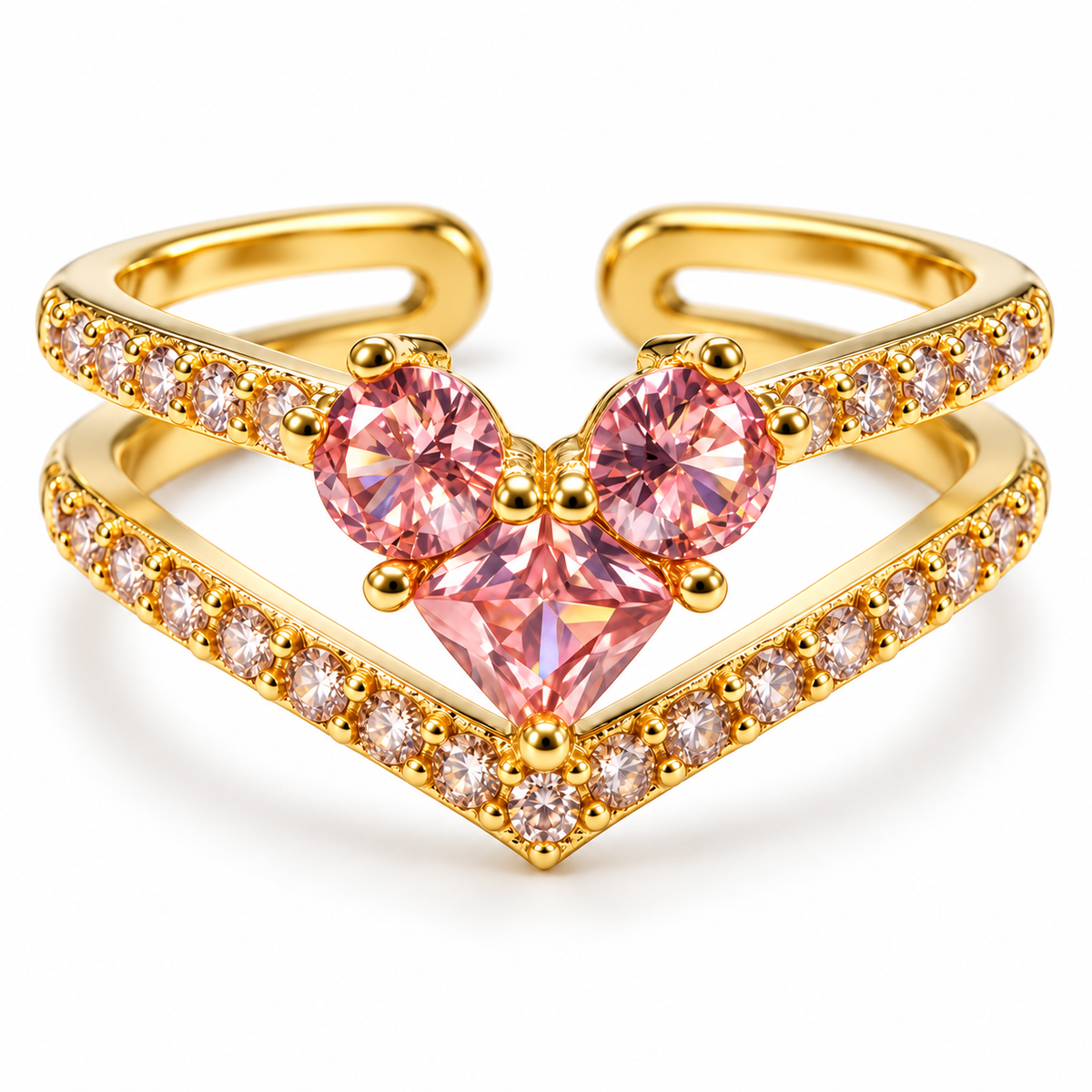 Anillo dorado de corazón rosa y doble banda