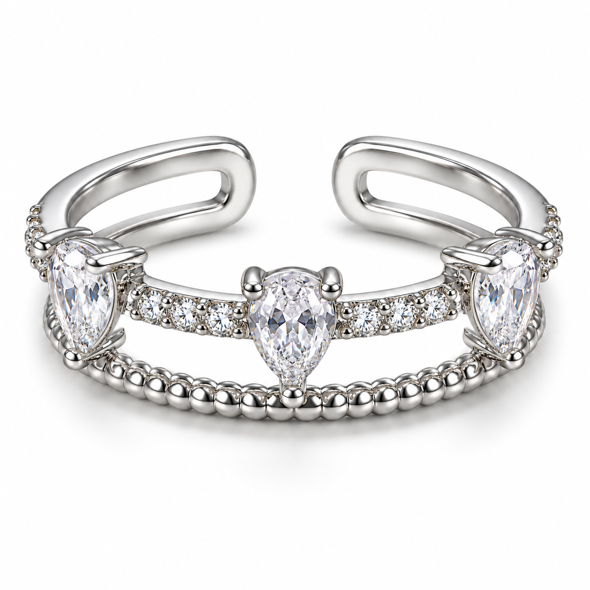 Anillo plateado de gotas y doble banda