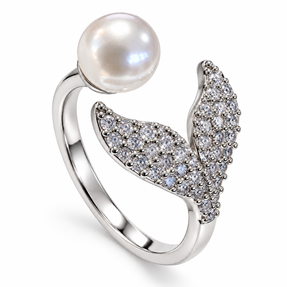 Anillo plateado de alas y esfera blanca