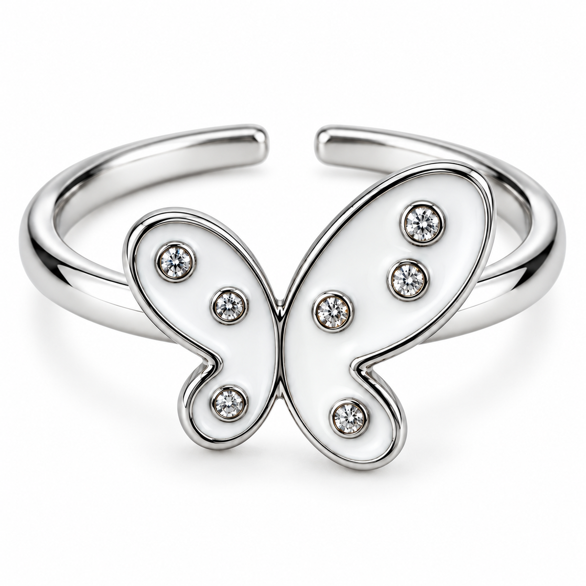 Anillo plateado de mariposa blanca
