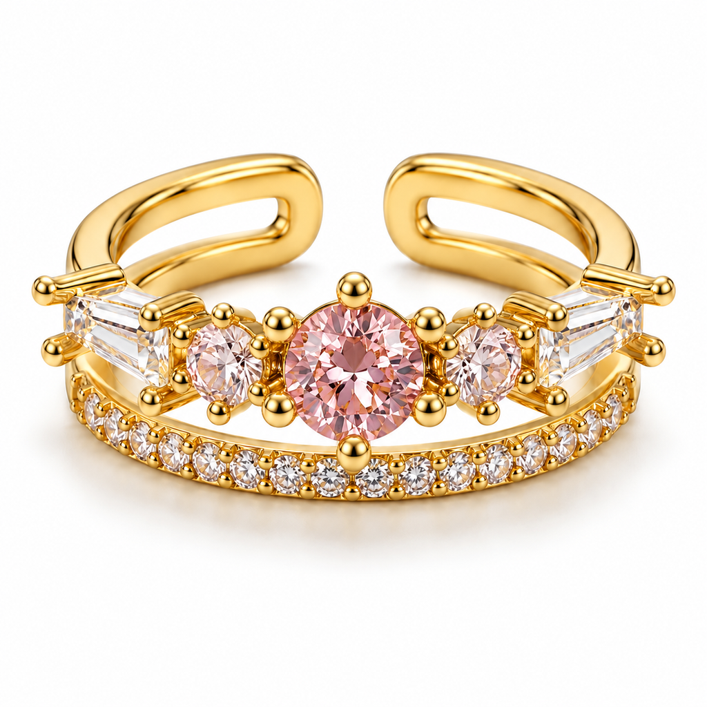 Anillo dorado de centro rosa y doble banda
