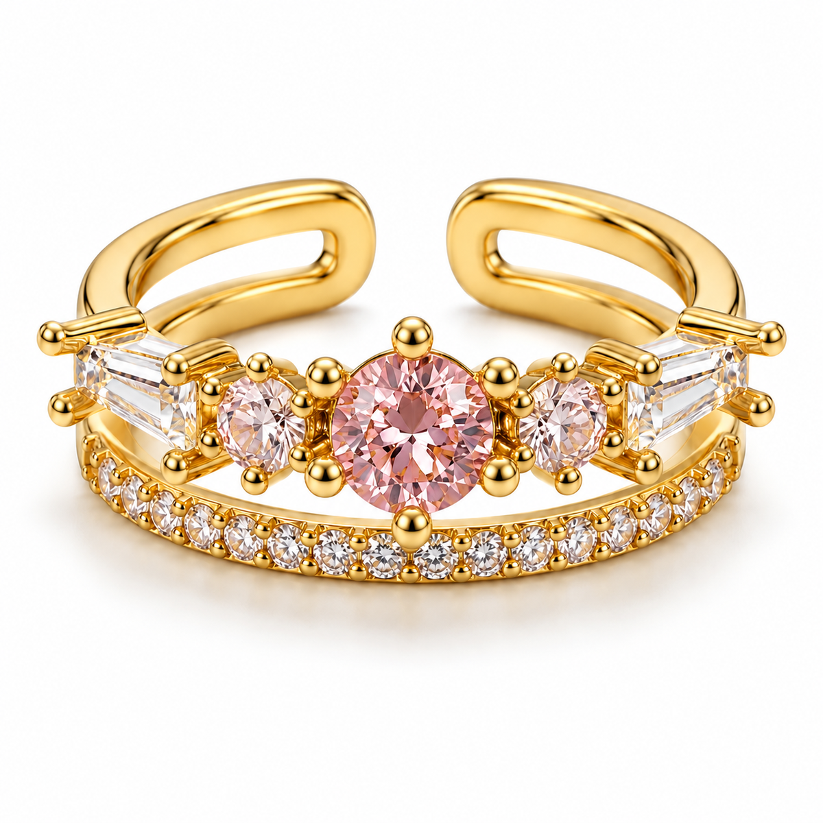 Anillo dorado de centro rosa y doble banda