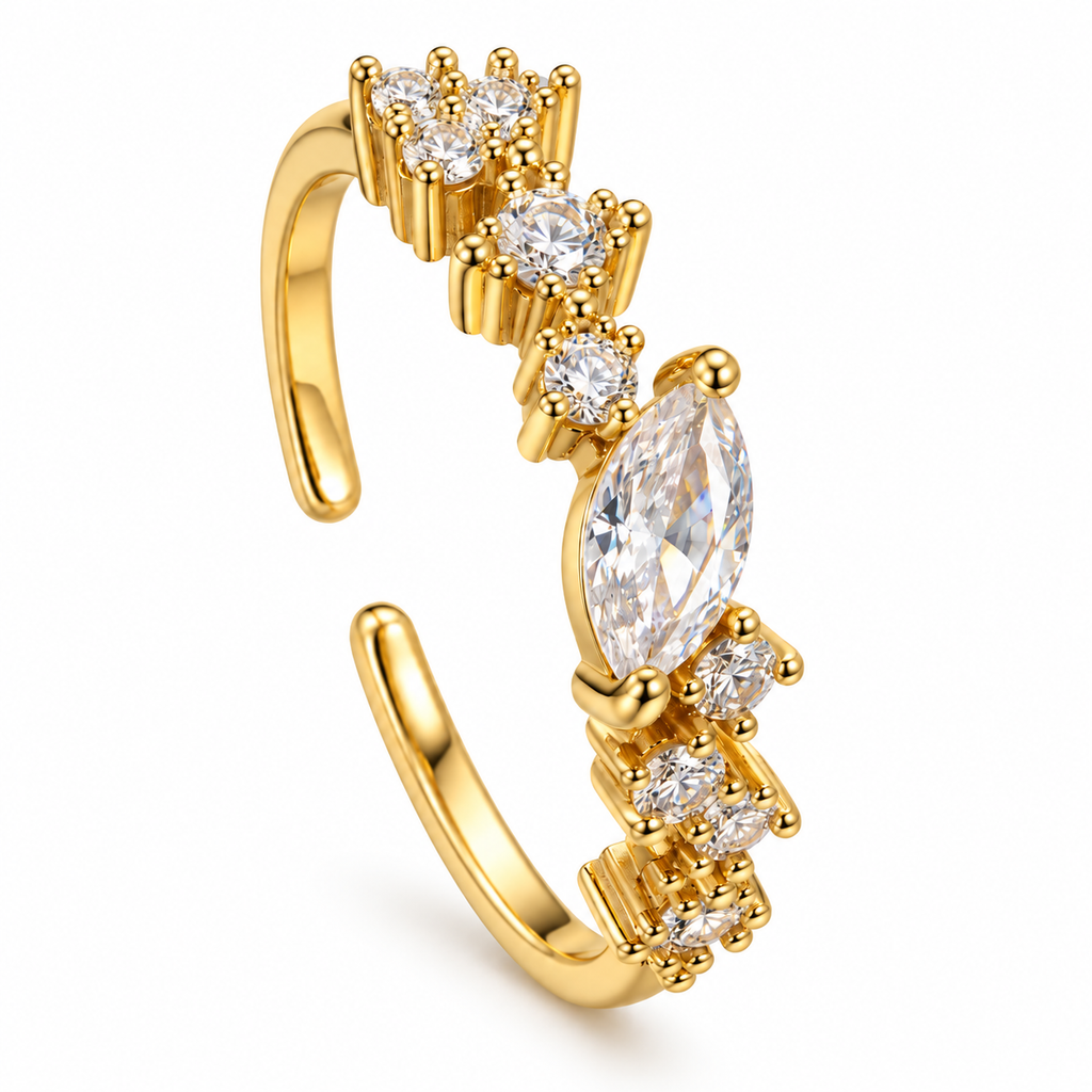 Anillo dorado de hoja central y flores