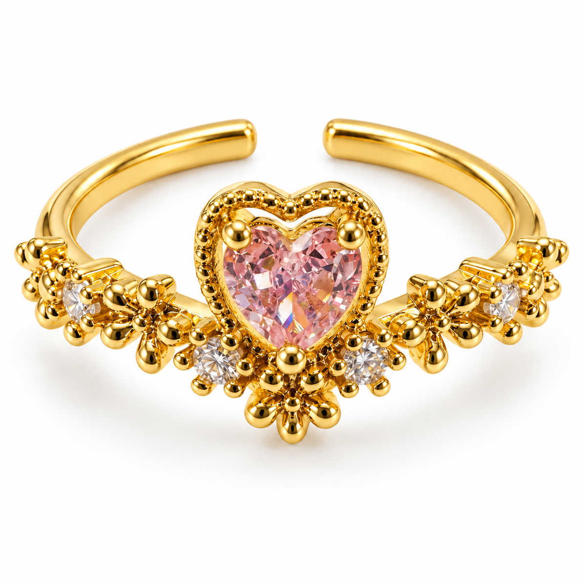 Anillo dorado de corazón rosa con borde de cuentas