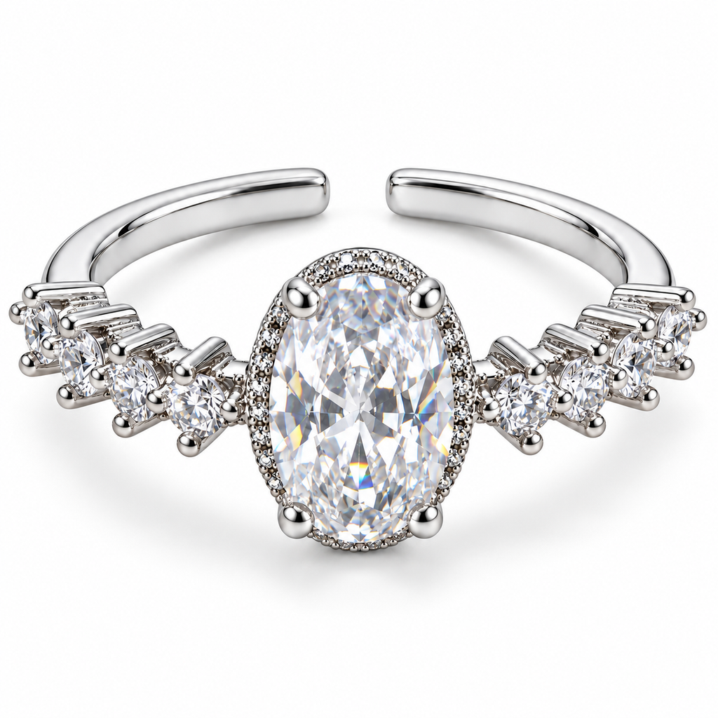 Anillo plateado de centro oval transparente