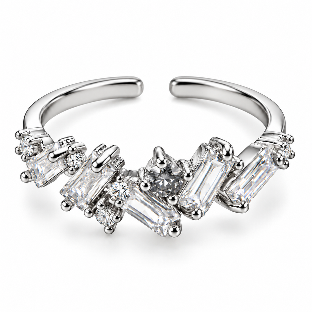 Anillo plateado de detalles rectangulares en zigzag