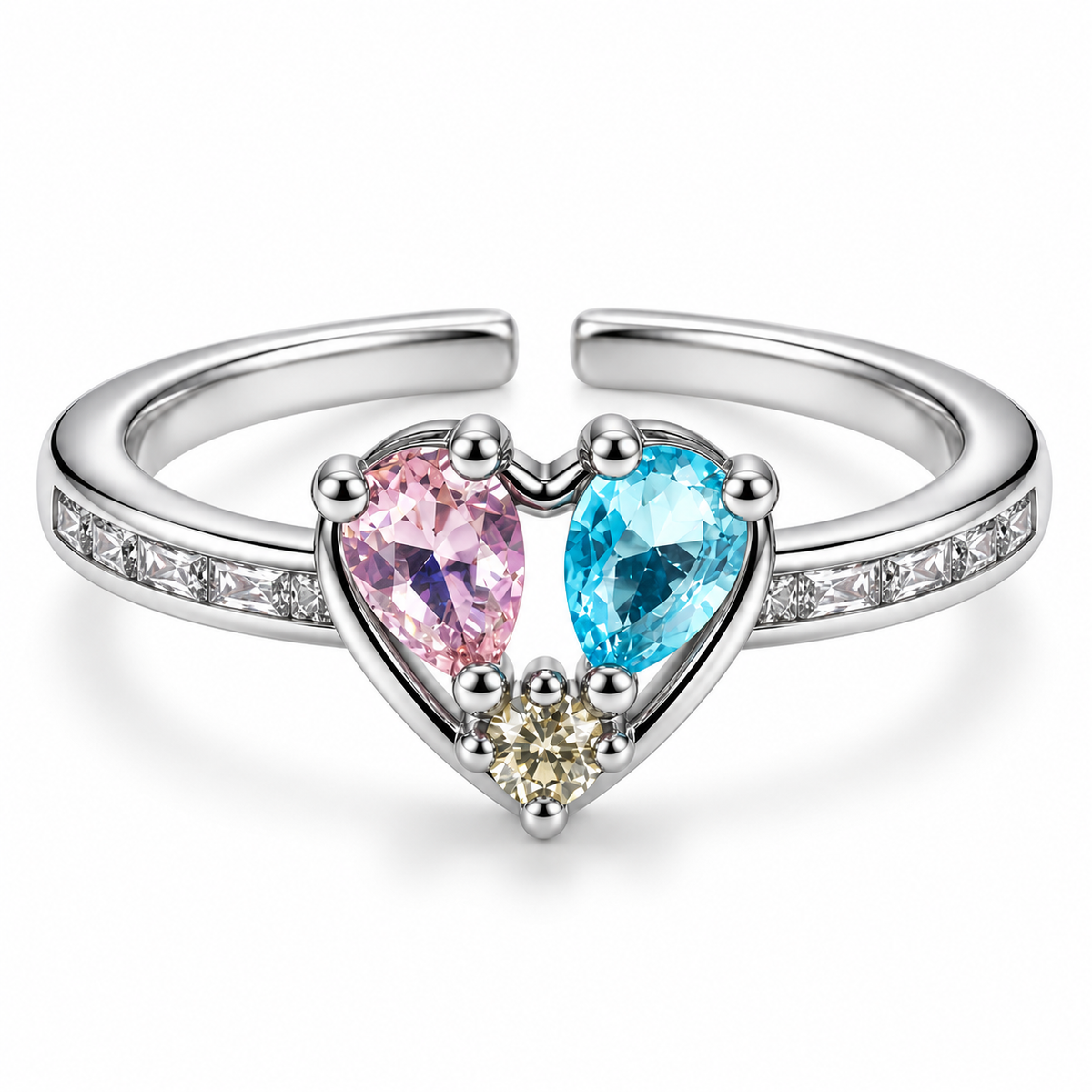 Anillo plateado de corazón rosa y azul