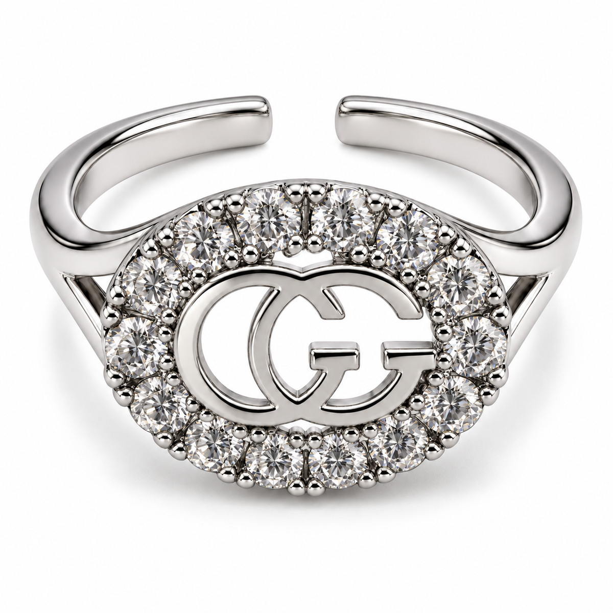 Anillo ajustable plateado con contorno circular de circonitas y centro calado