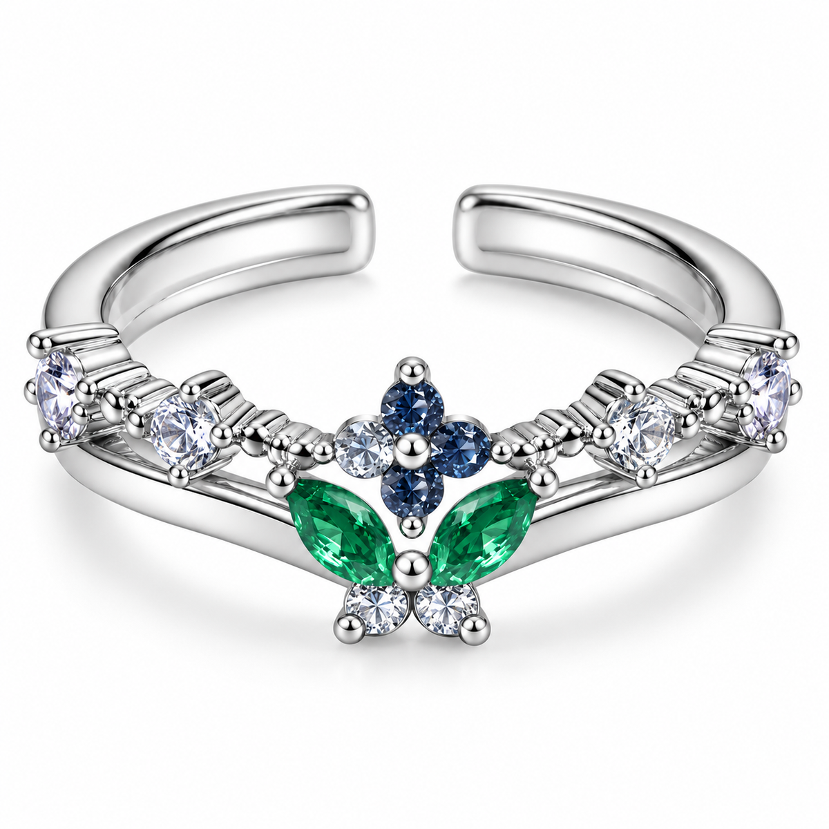 Anillo plateado de flor azul y hojas verdes