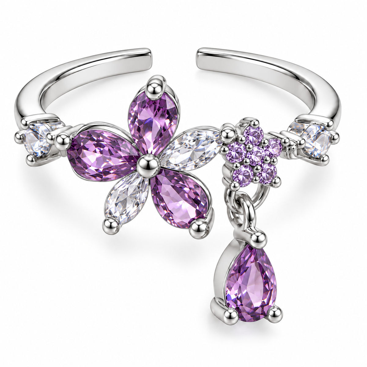 Anillo plateado de flores violetas con gota colgante