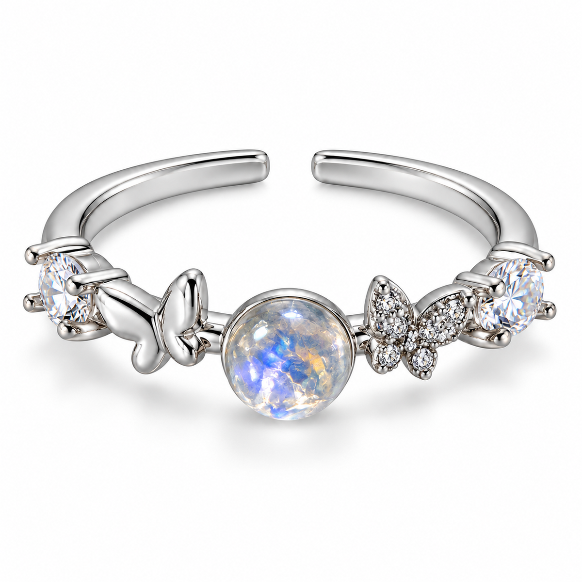 Anillo plateado de centro tornasolado y mariposas