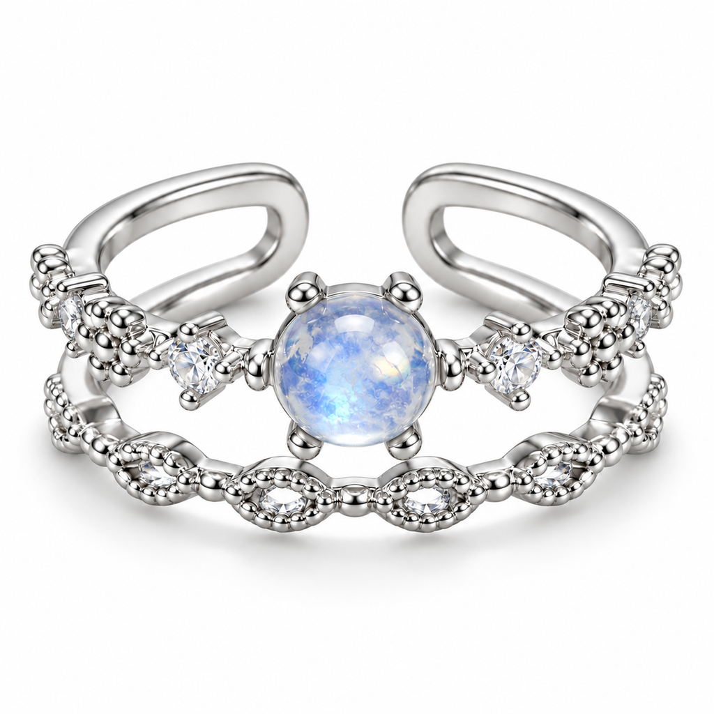 Anillo plateado de centro azul claro y doble banda