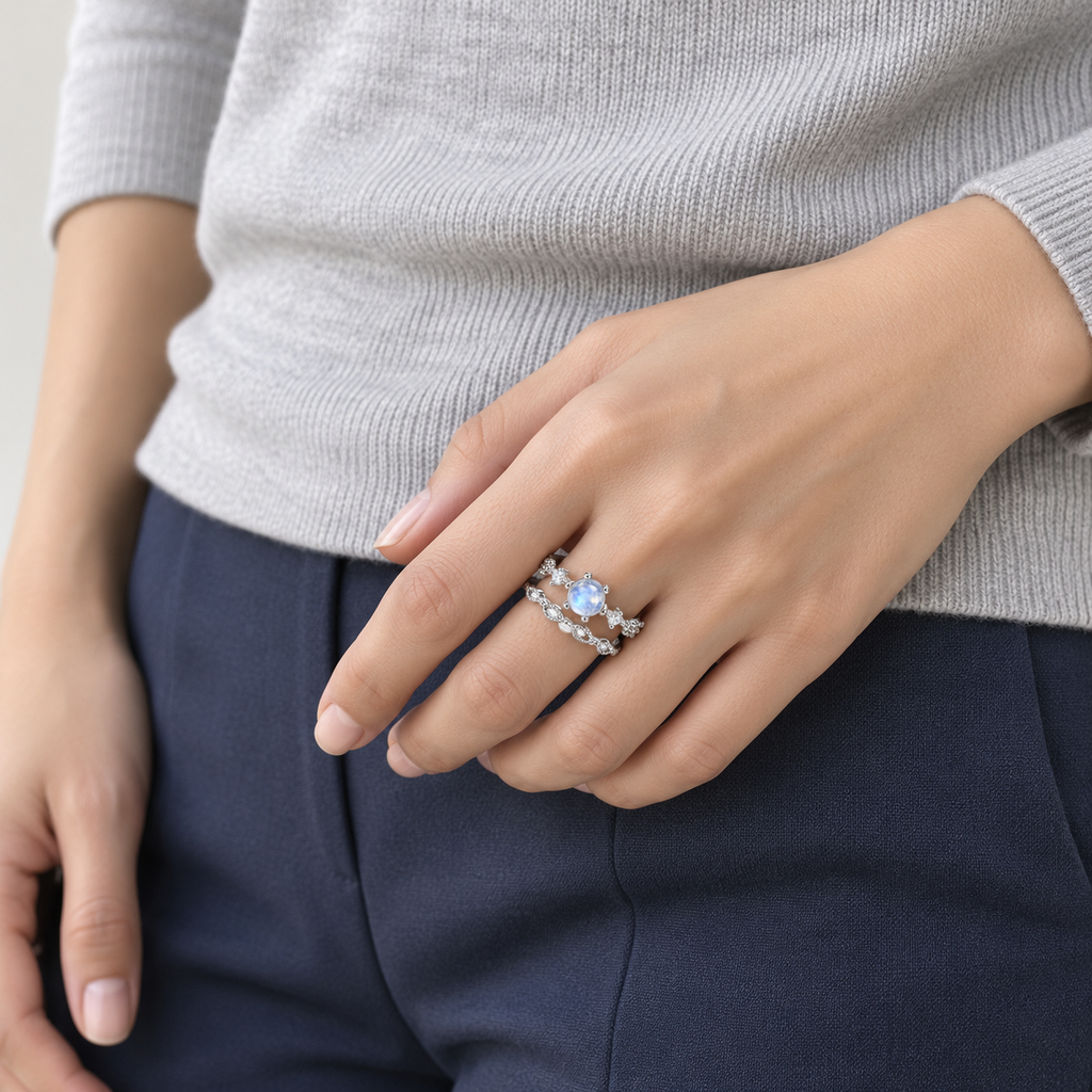 Anillo ajustable plateado de centro azul claro y doble banda — combinación con ropa; imagen ilustrativa generada con IA, escala no verificada.