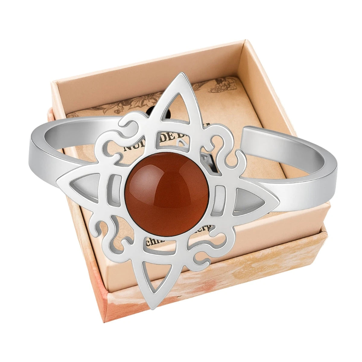 Anillo abierto de acero plateado con diseño de Nudo de Bruja y piedra central de Aventurina Verde redonda.