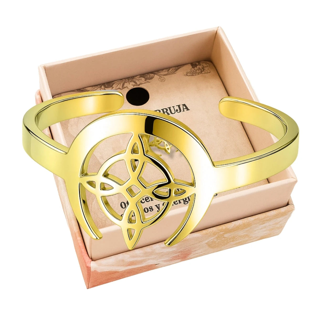 Anillo ajustable de acero dorado con símbolo del Nudo de Bruja y media luna, presentado en caja de regalo.