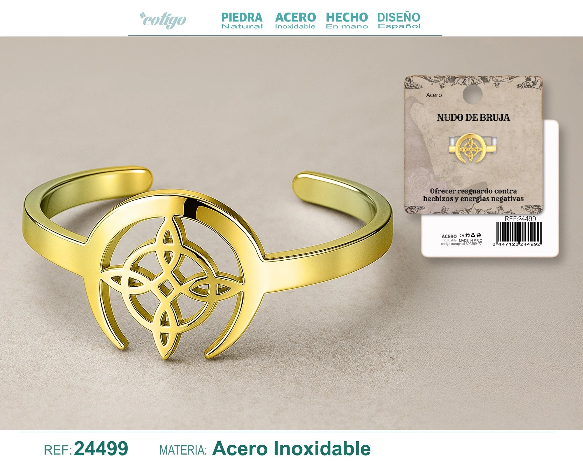 Anillo Nudo de Bruja en Acero Dorado con Luna textura