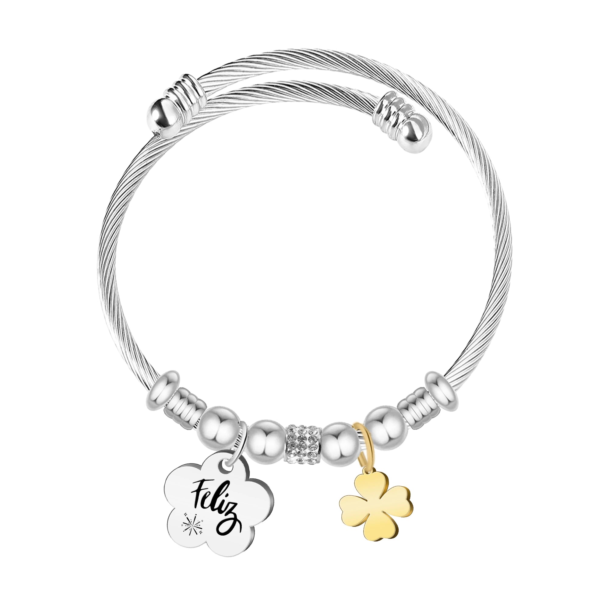 Brazalete Acero Palabra Feliz sobre fondo blanco