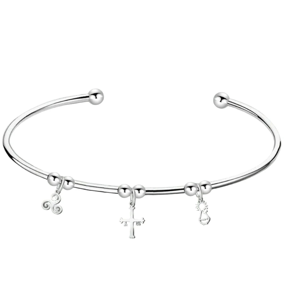 Brazalete plateado con cruz asturiana y charms simbólicos de Asturias