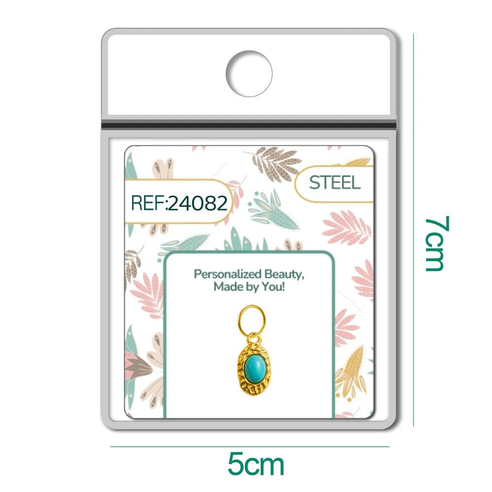 Charm Acero Dorado Chapado Oro 14K Medallón Turquesa Ovalado Colgante detalle