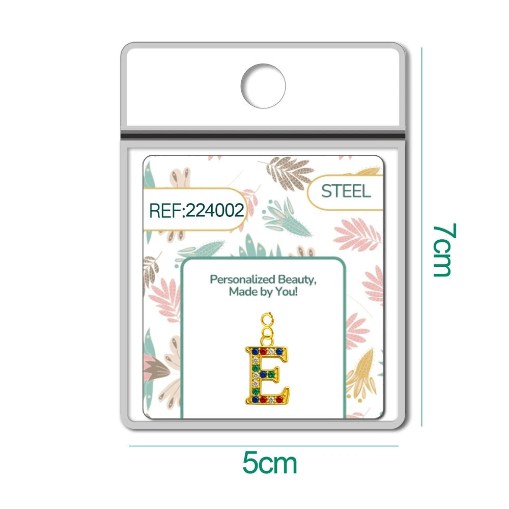 Charm Acero Dorado con Circonita Letra E Multicolor con Cierre detalle