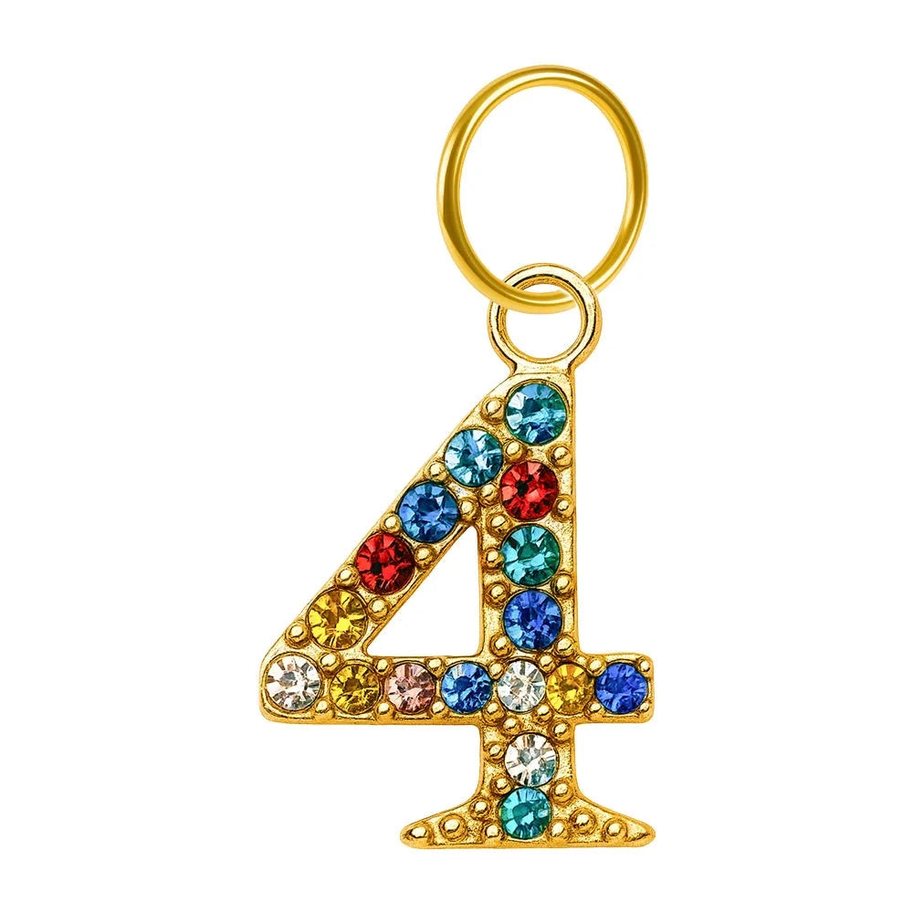 Charm colgante dorado de número 4 con circonitas de colores con aro de acero