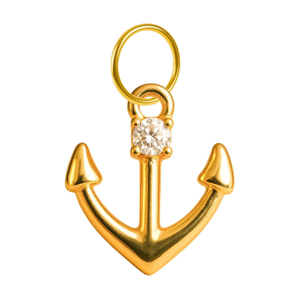 Charm colgante dorado de ancla con circonita y aro de acero