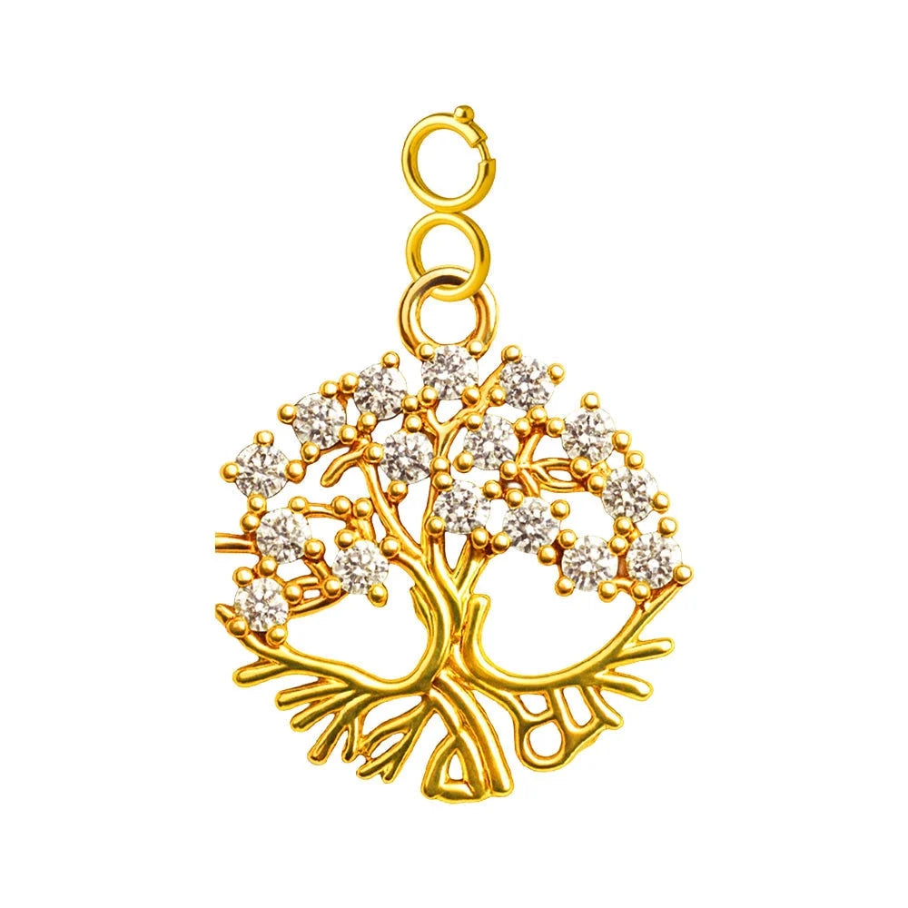 Charm colgante dorado de árbol de la vida con raíces y circonitas con cierre de acero