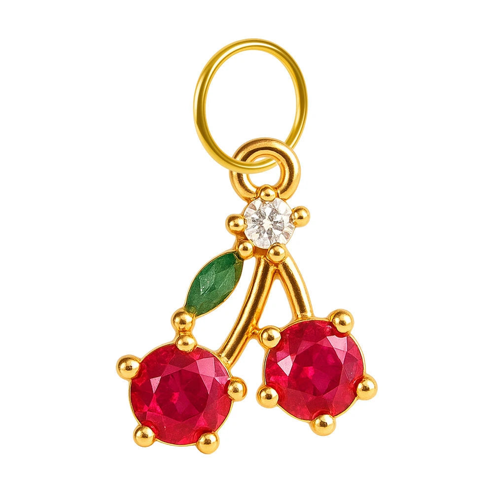 Charm colgante dorado de dos cerezas rojas y aro de acero