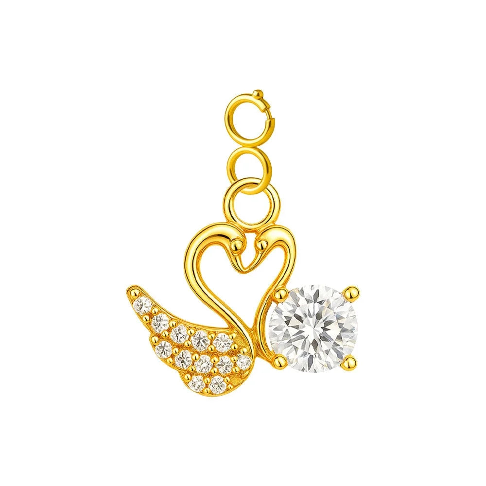 Charm colgante dorado de cisnes con corazón y circonita, cierre de acero