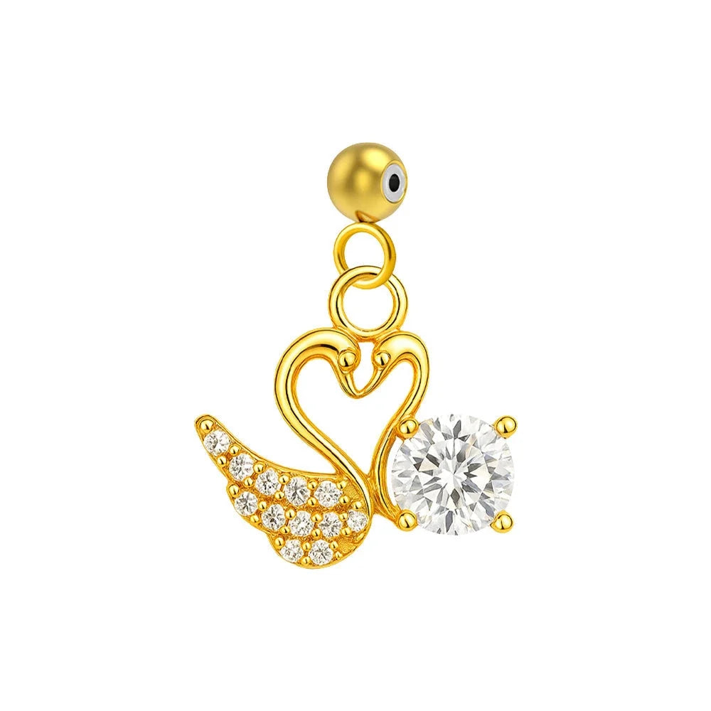 Charm colgante dorado de cisnes con corazón y circonita, bola de acero con goma