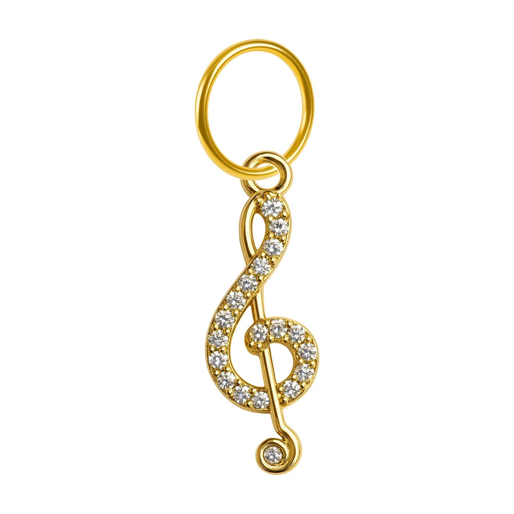 Charm colgante dorado de clave de sol con circonitas y aro de acero
