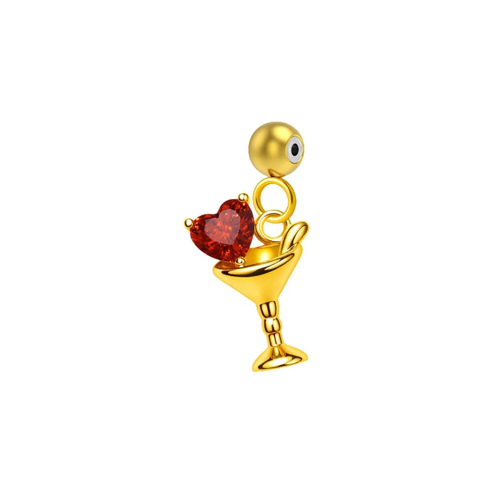 Charm colgante dorado de copa de cóctel con corazón rojo con bola de acero con goma