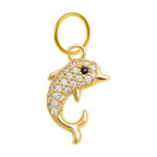 Charm colgante dorado de delfín con circonitas y ojo negro con aro de acero