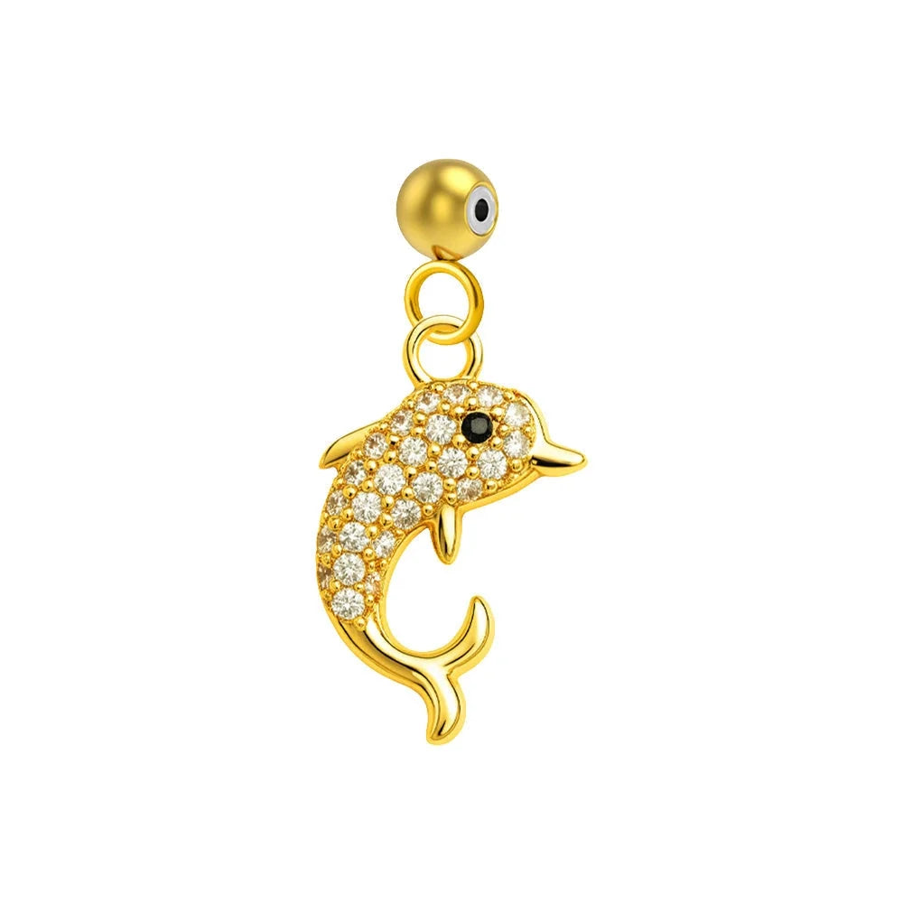 Charm colgante dorado de delfín con circonitas y ojo negro con bola de acero con goma