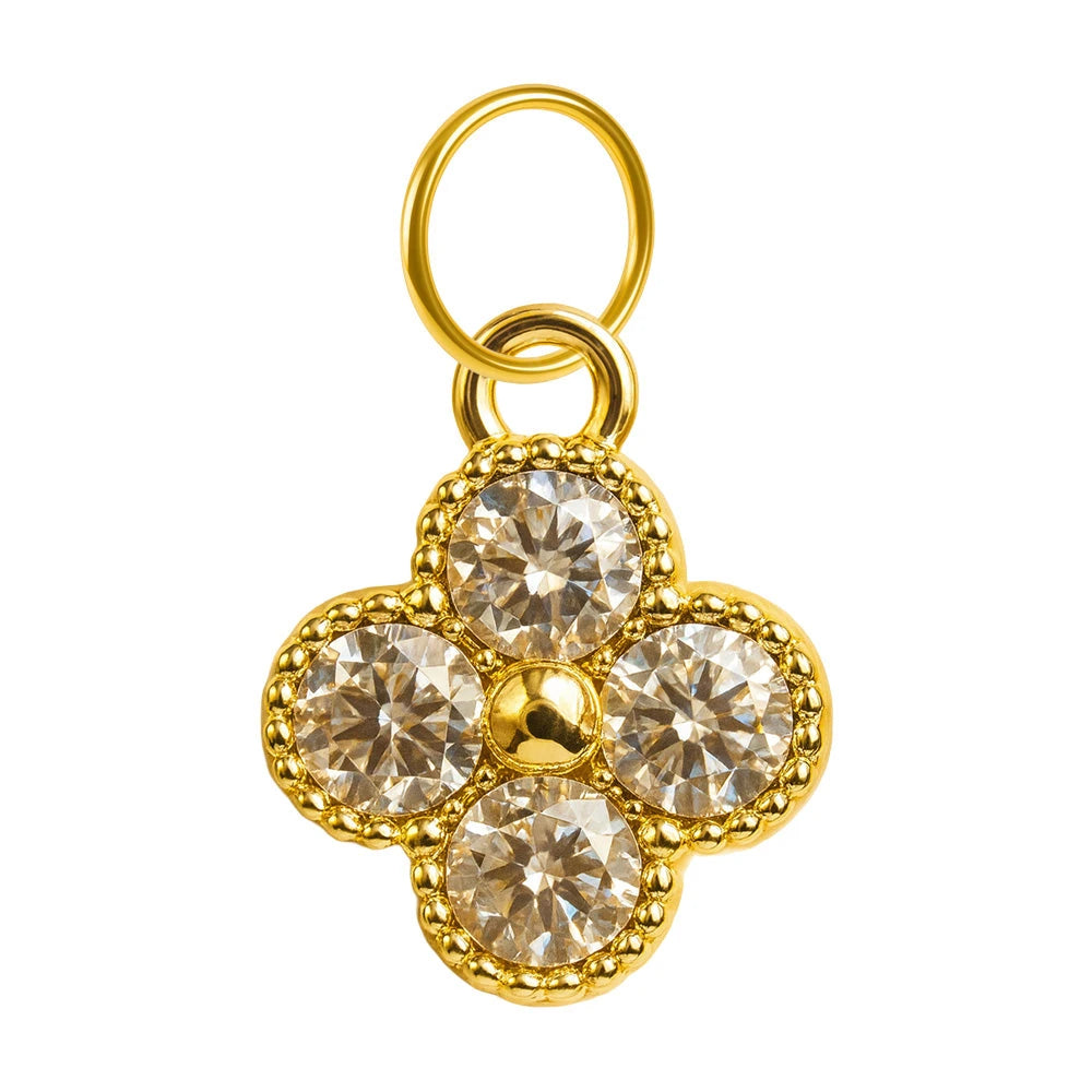 Charm colgante dorado de flor de cuatro pétalos con circonitas y aro de acero