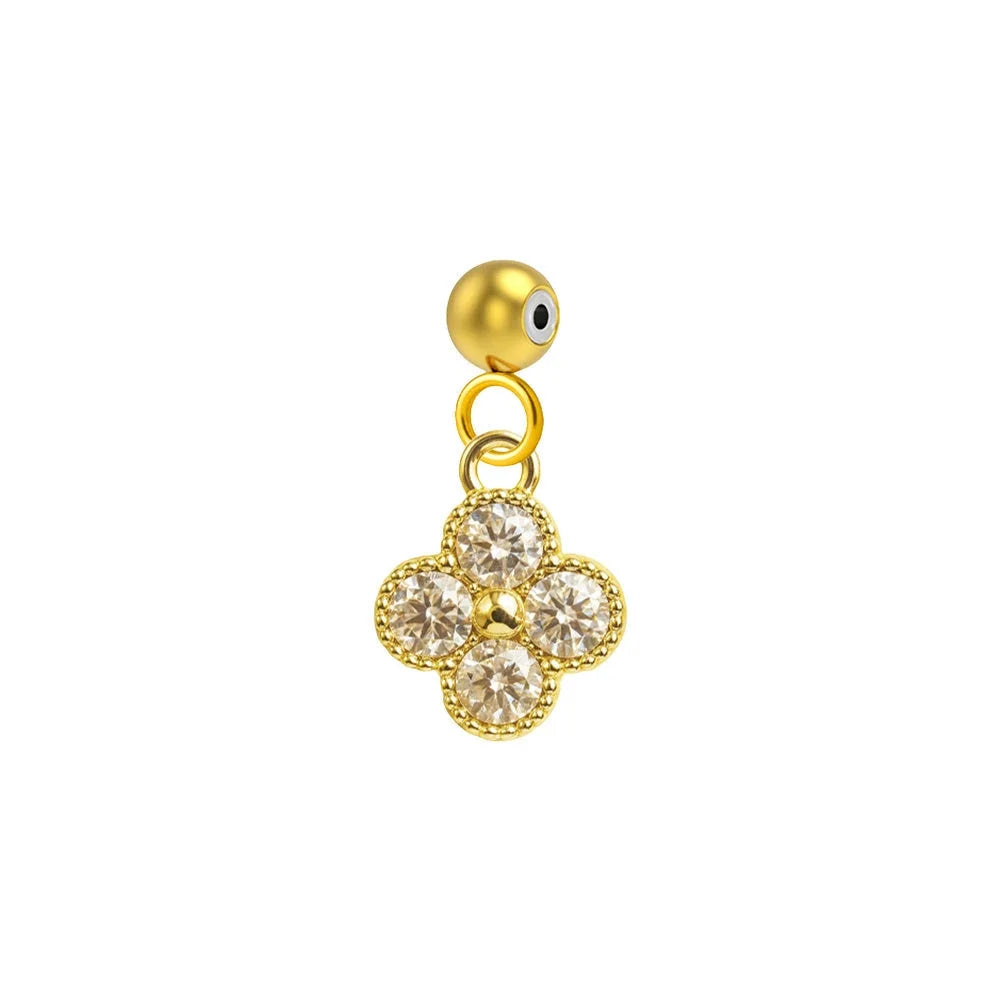Charm colgante dorado de flor de cuatro pétalos con circonitas y bola de acero con goma